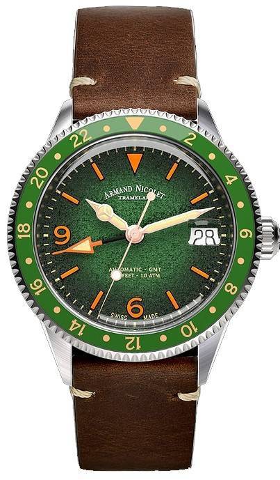 Armand Nicolet Tramelan VS1 GMT Green Dial Automatic A506AVAA-VS-BP19500MAC 100M Calf Leather Strap Men's Watch