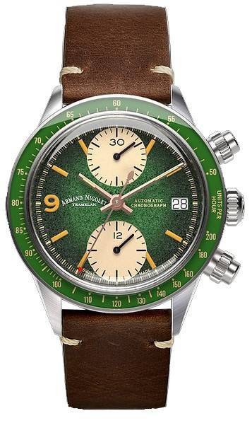 Armand Nicolet Tramelan VS1 Chronograph Green Dial Automatic A510AVAA-VS-BP19500MAC 100M Calf Leather Strap Men's Watch