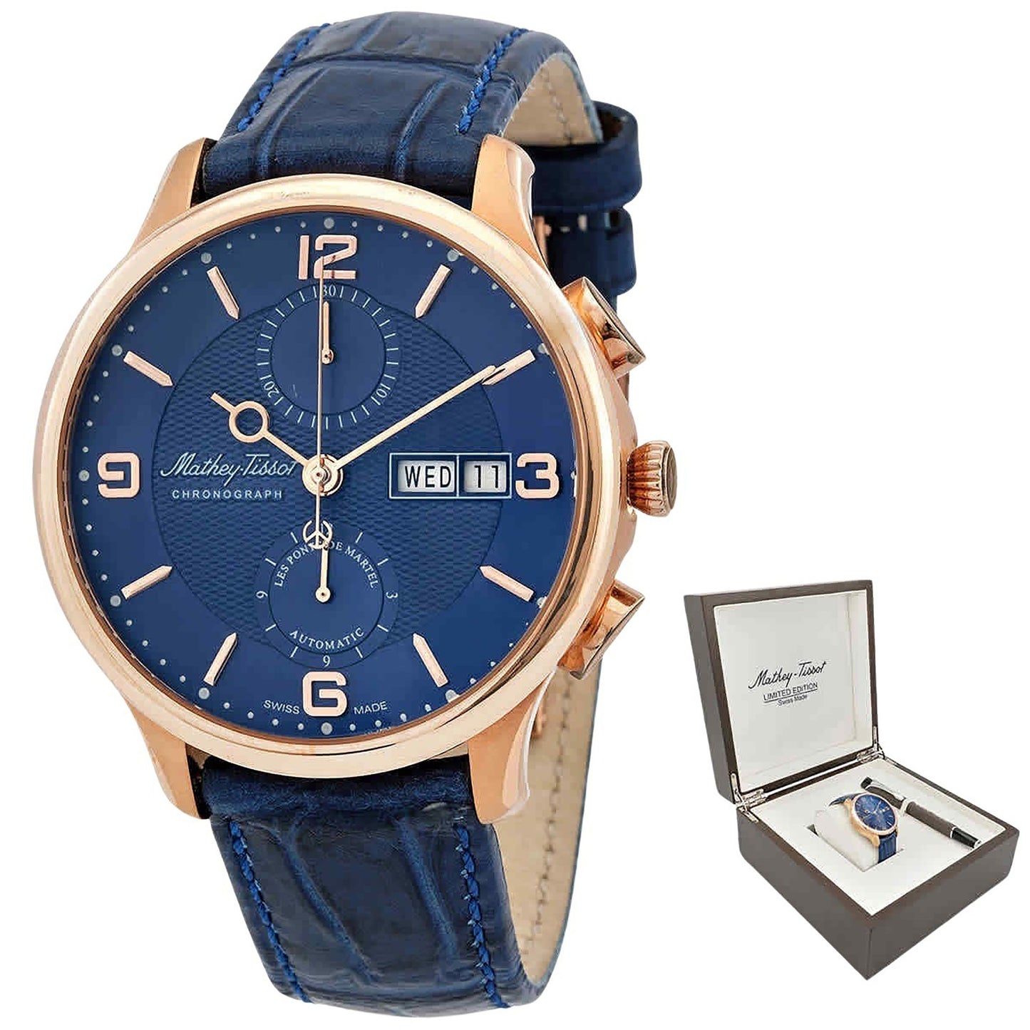Mathey-Tissot Edmond Chronograph Limited Edition Blue Dial Automatic H1886CHATPBU Men's Watch With Gift Set