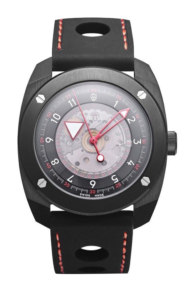 DWISS R2 Floating Hours Display Rubber Strap Black Skeleton Dial Automatic R2-BB-RUBBER 100M Men's Watch