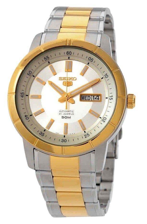 Seiko 5 Two Tone Stainless Steel Silver Dial 21 Jewels Automatic SNKN58K1 Men's Watch